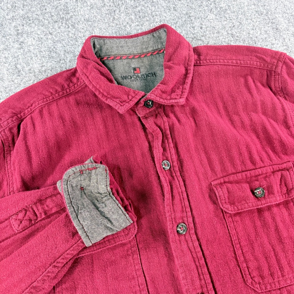Woolrich Mens Flannel Shirt L Burgundy Red Cotton Button Down Long Sleeve